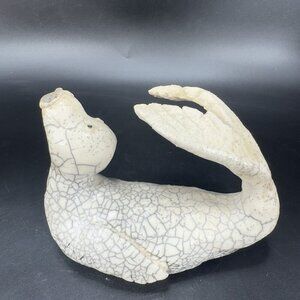 Vintage Hand Made Pottery Sea Creature Mammal Creature Crackled White Glaze VTG
